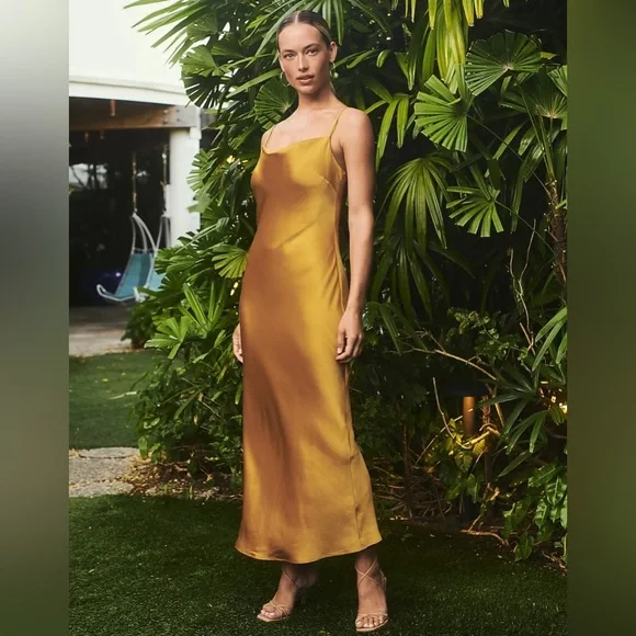 Express Honey Satin Cowl Neck Maxi Slip Dress Size Medium - Picture 4 of 10